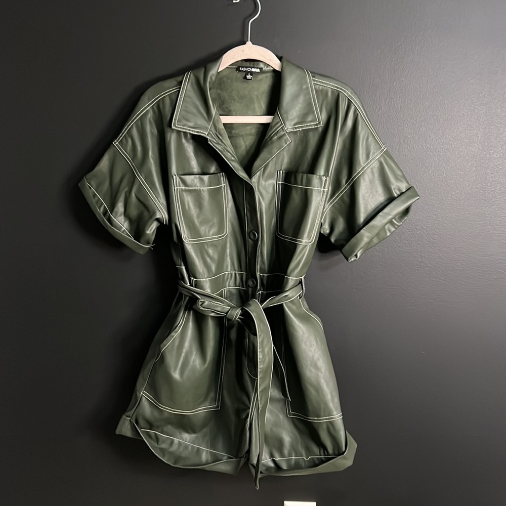 Riding Solo Faux Leather Romper - Olive
